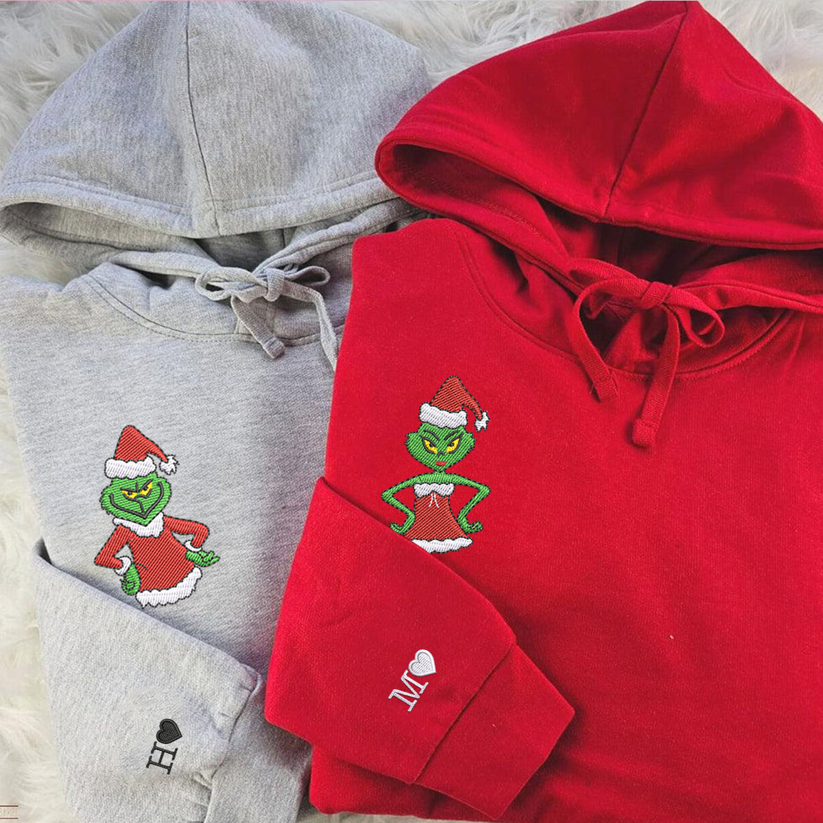 Custom Embroidered Hoodies For Couples, Cute Green Christmas Cartoon Couples Embroidered Hoodie