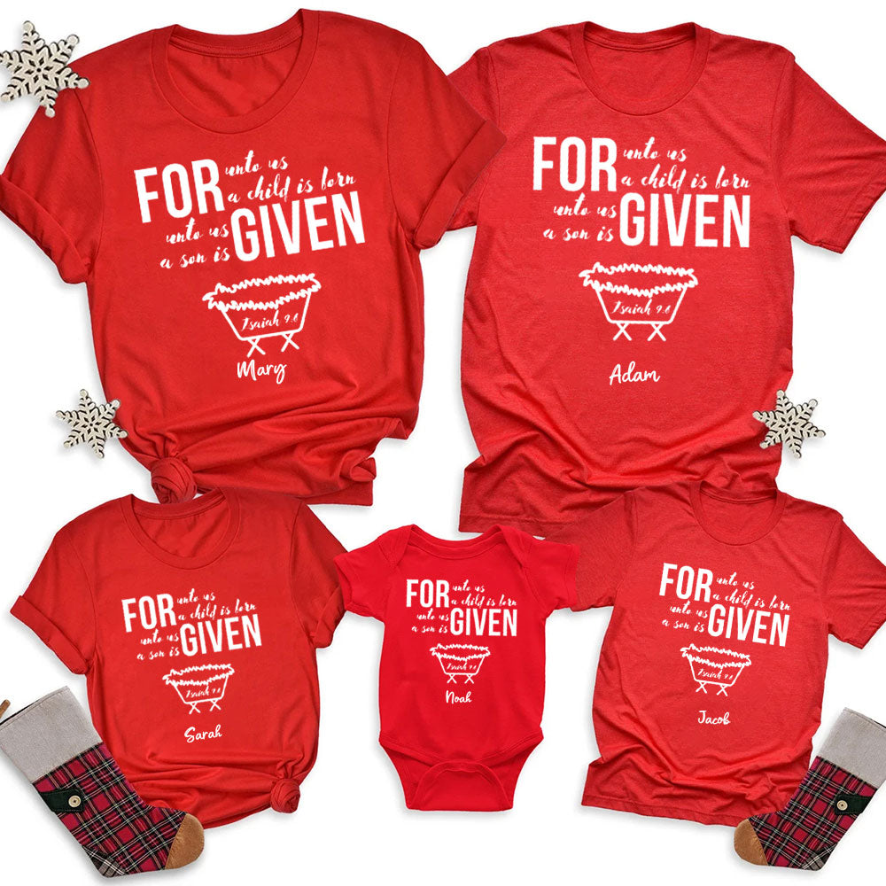 Personalized For Unto Us A Child Is Born Christmas Family Matching Shirts