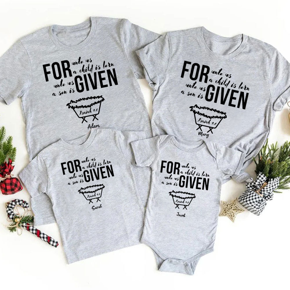 Personalized For Unto Us A Child Is Born Christmas Family Matching Shirts