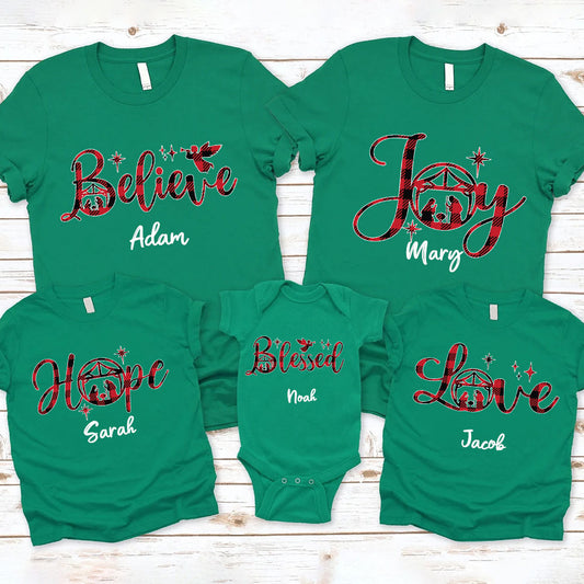 Hope Love Joy Believe Jesus Nativity Red Plaid Christmas Family Matching Shirts