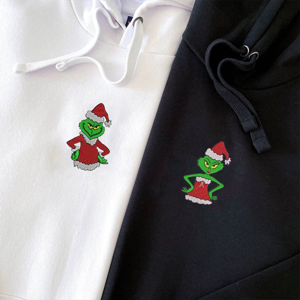 Custom Embroidered Hoodies For Couples, Cute Green Christmas Cartoon Couples Embroidered Hoodie