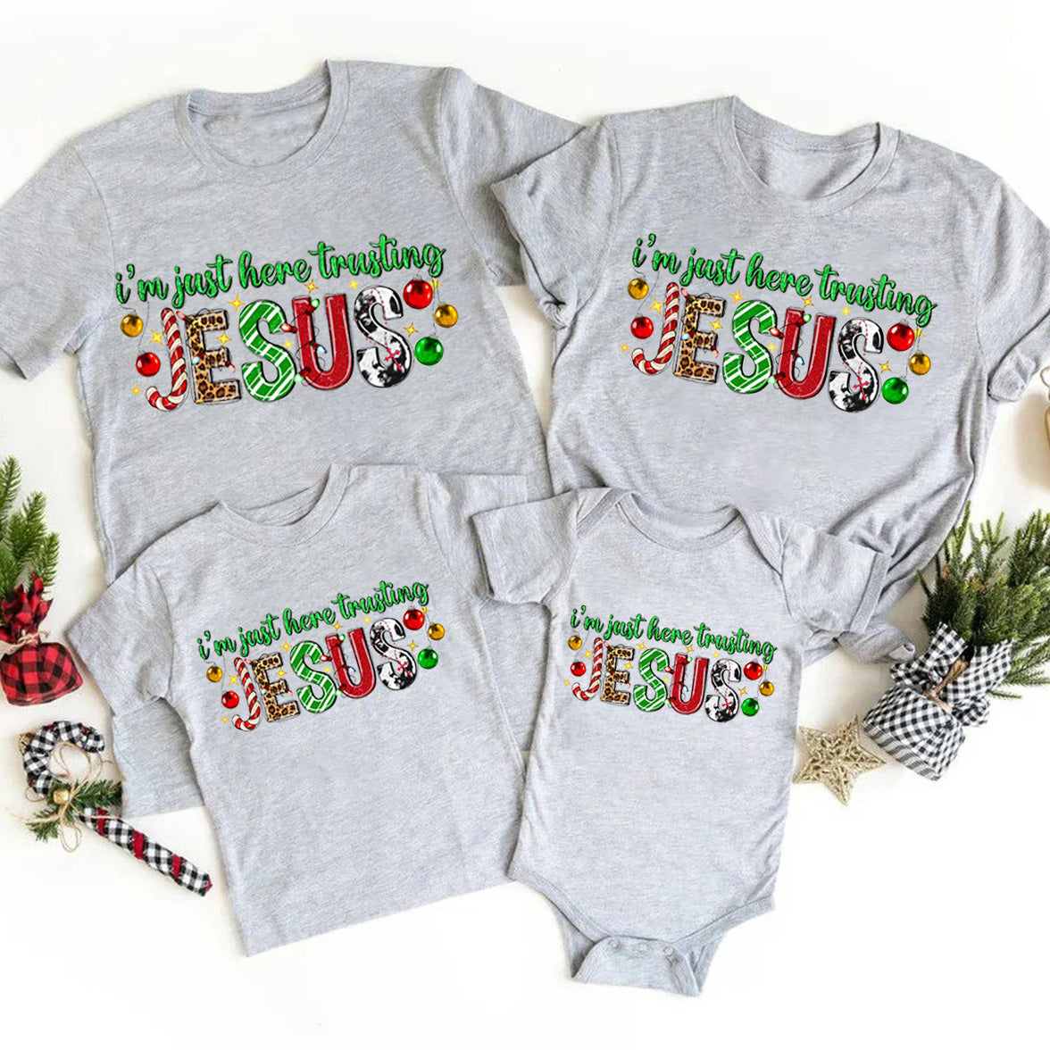 Personalized I'm Just Here Trusting Jesus Christmas Family Matching Shirts