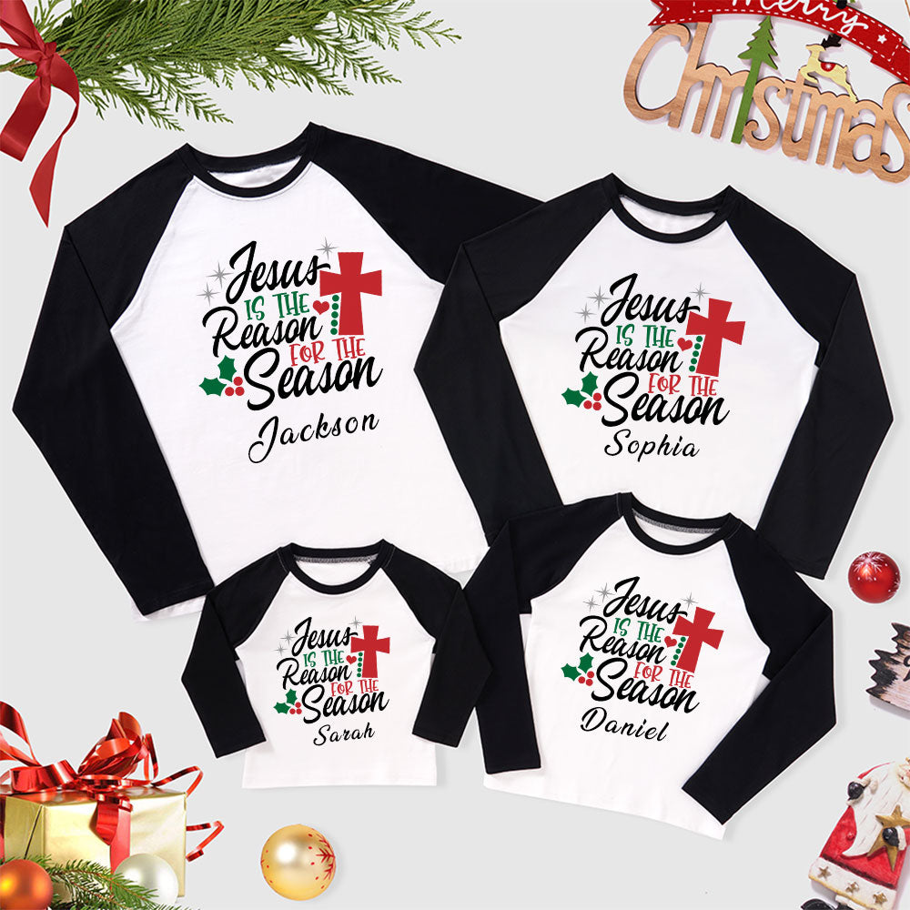 Personalized Jesus Is Reason For Season Family Raglan Long Sleeve T-Shirt