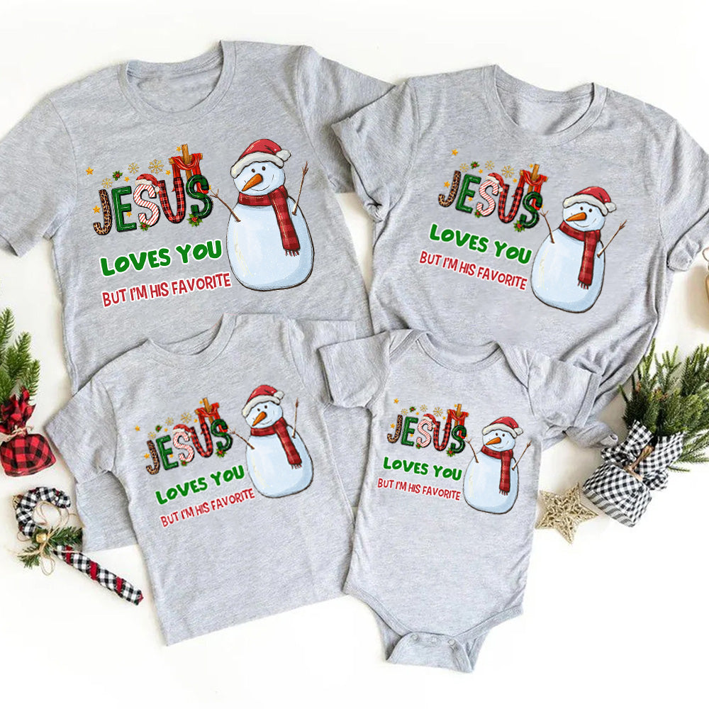 Personalized Jesus Loves You But I'm His Favorite Snowman Christmas Family Matching Shirts