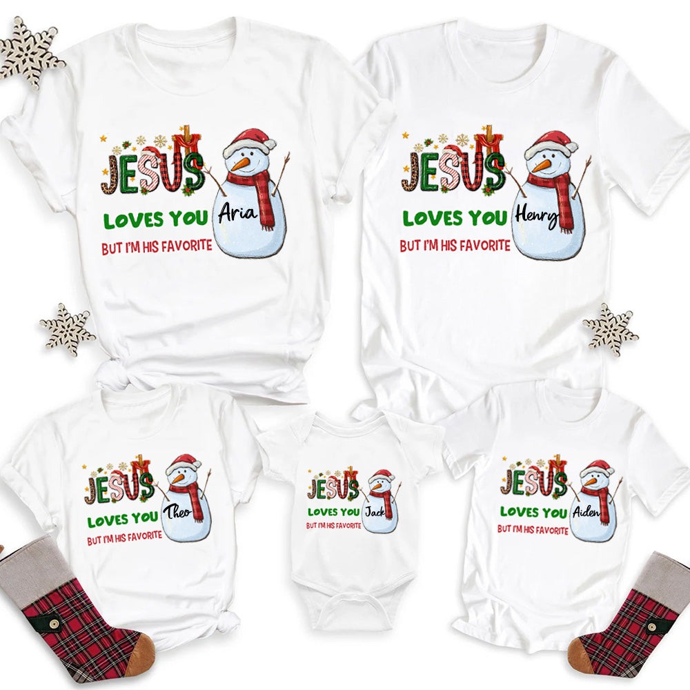 Personalized Jesus Loves You But I'm His Favorite Snowman Christmas Family Matching Shirts