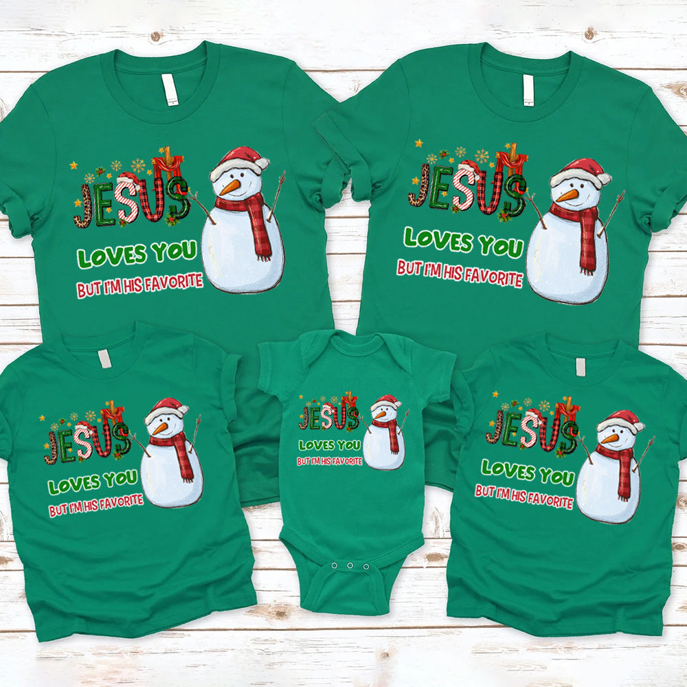 Personalized Jesus Loves You But I'm His Favorite Snowman Christmas Family Matching Shirts