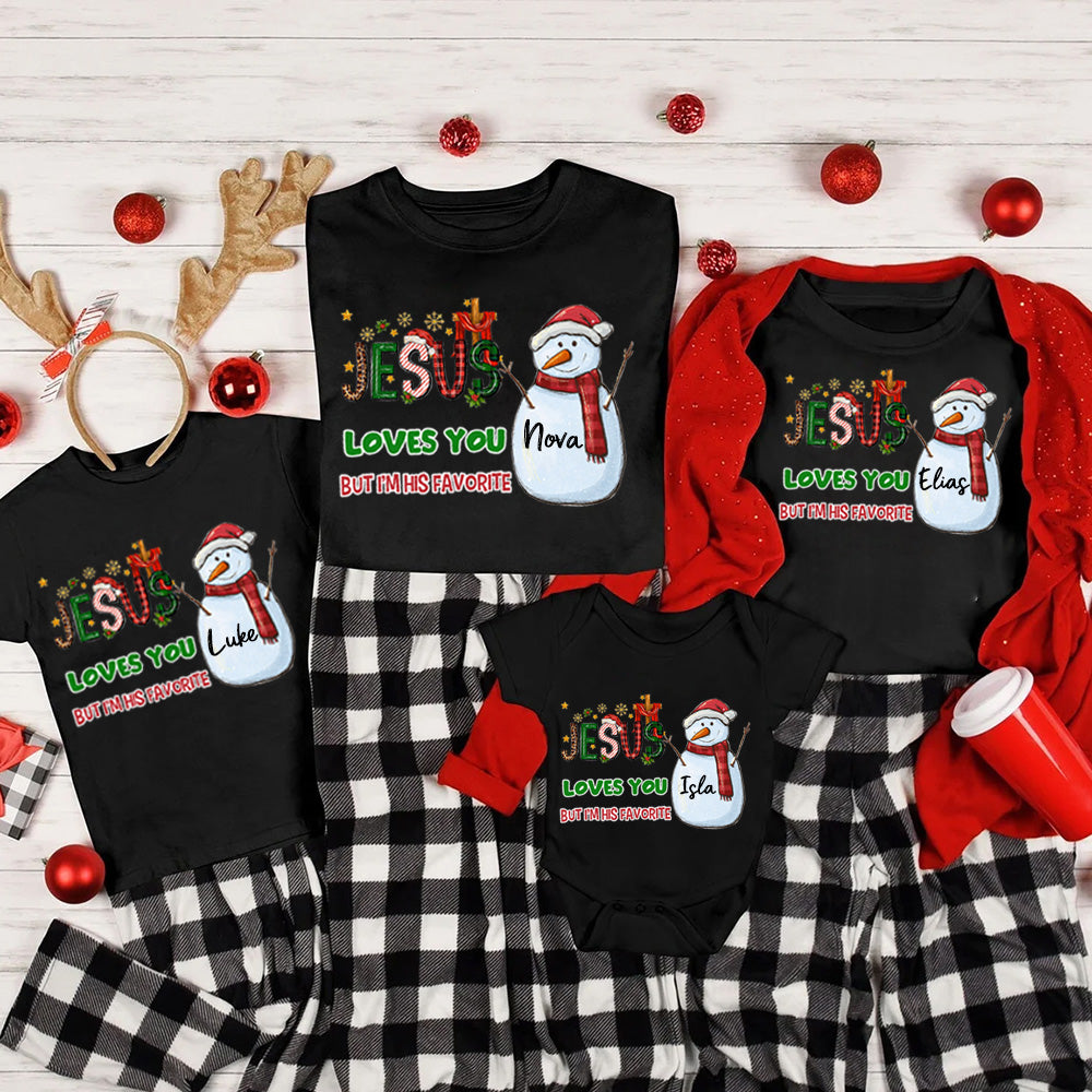 Personalized Jesus Loves You But I'm His Favorite Snowman Christmas Family Matching Shirts