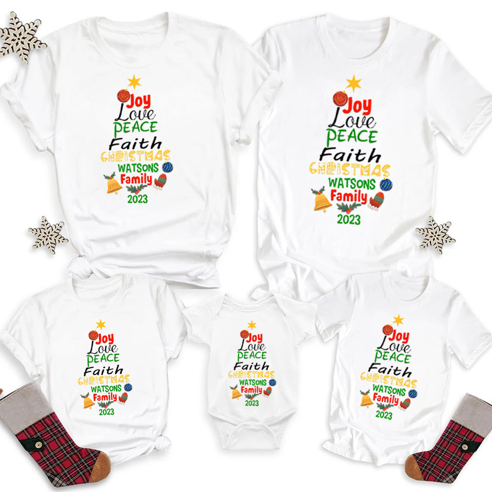 Personalized Joy Love Peace Faith Christmas Family Matching Shirts