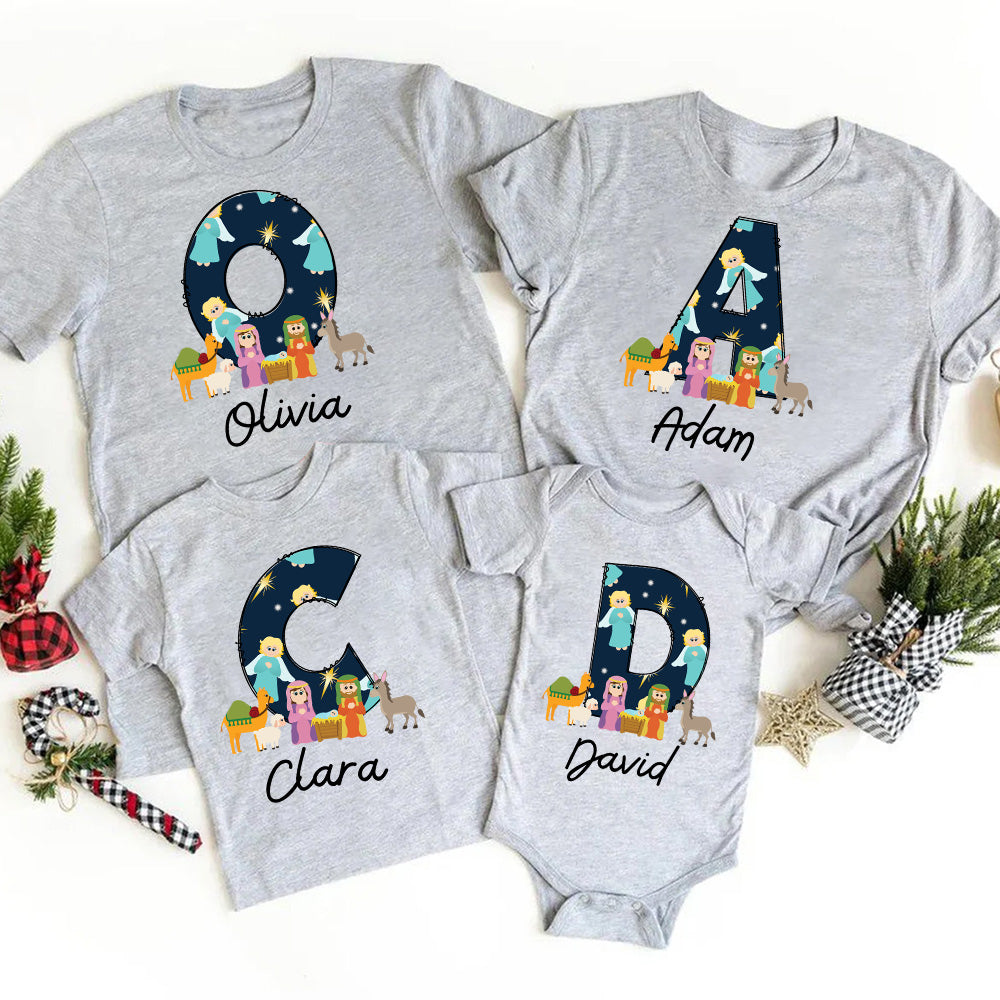 Personalized Name Nativity Scene Angel Christian Christmas Family Matching Shirts