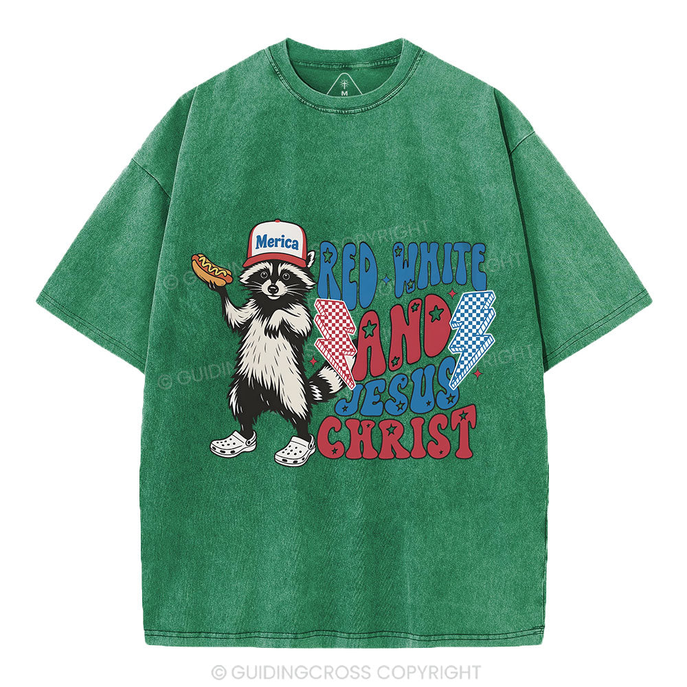 Red White And Jesus Christ Independence Day Christian Washed T-Shirt