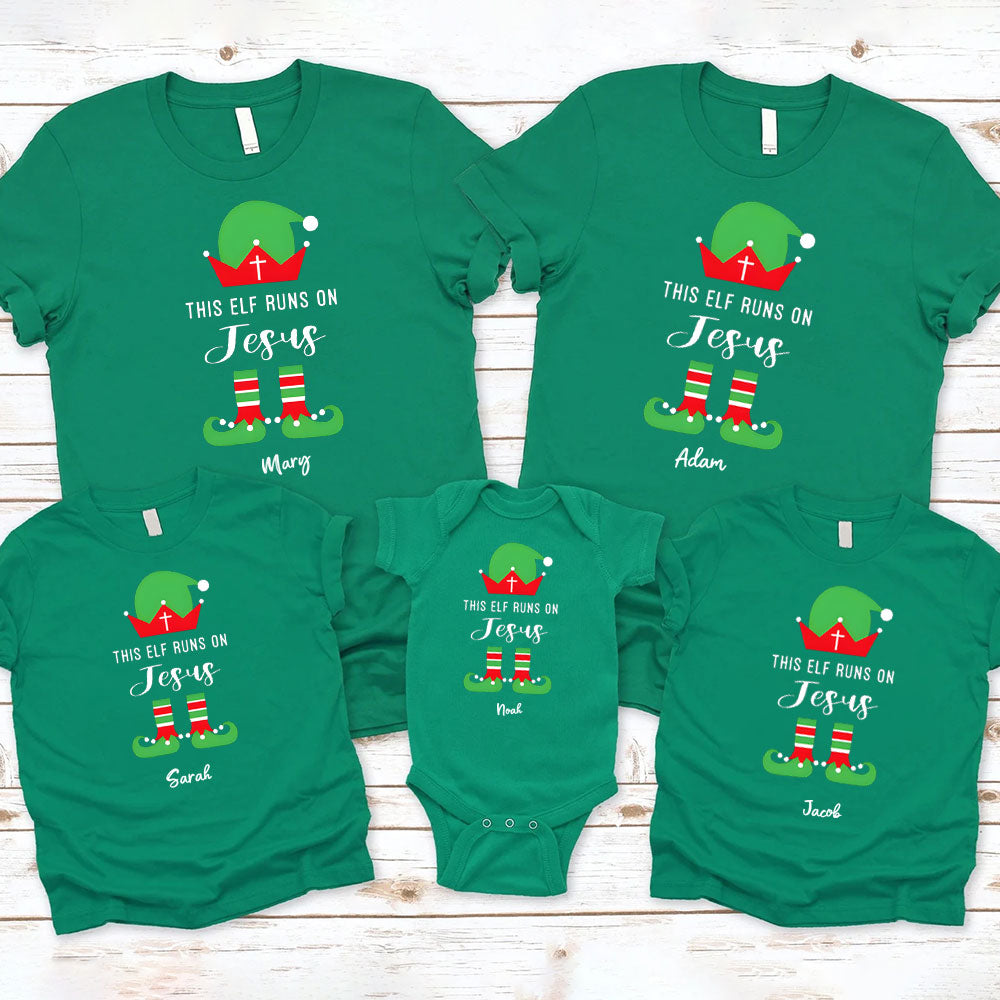 Personalized This Elf Runs On Jesus Christmas Family Matching Shirts