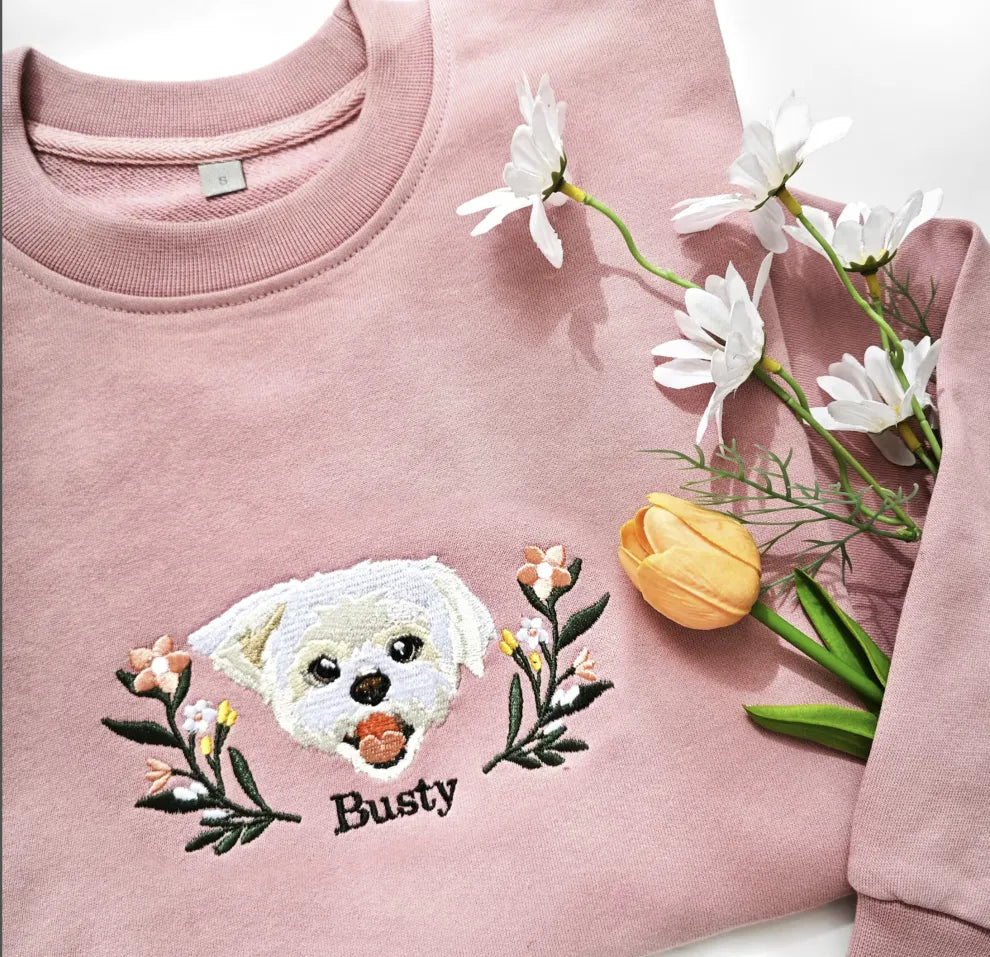 Custom Embroidered Hoodie/Sweatshirt With Pet Portrait Flower | for Pet Lover