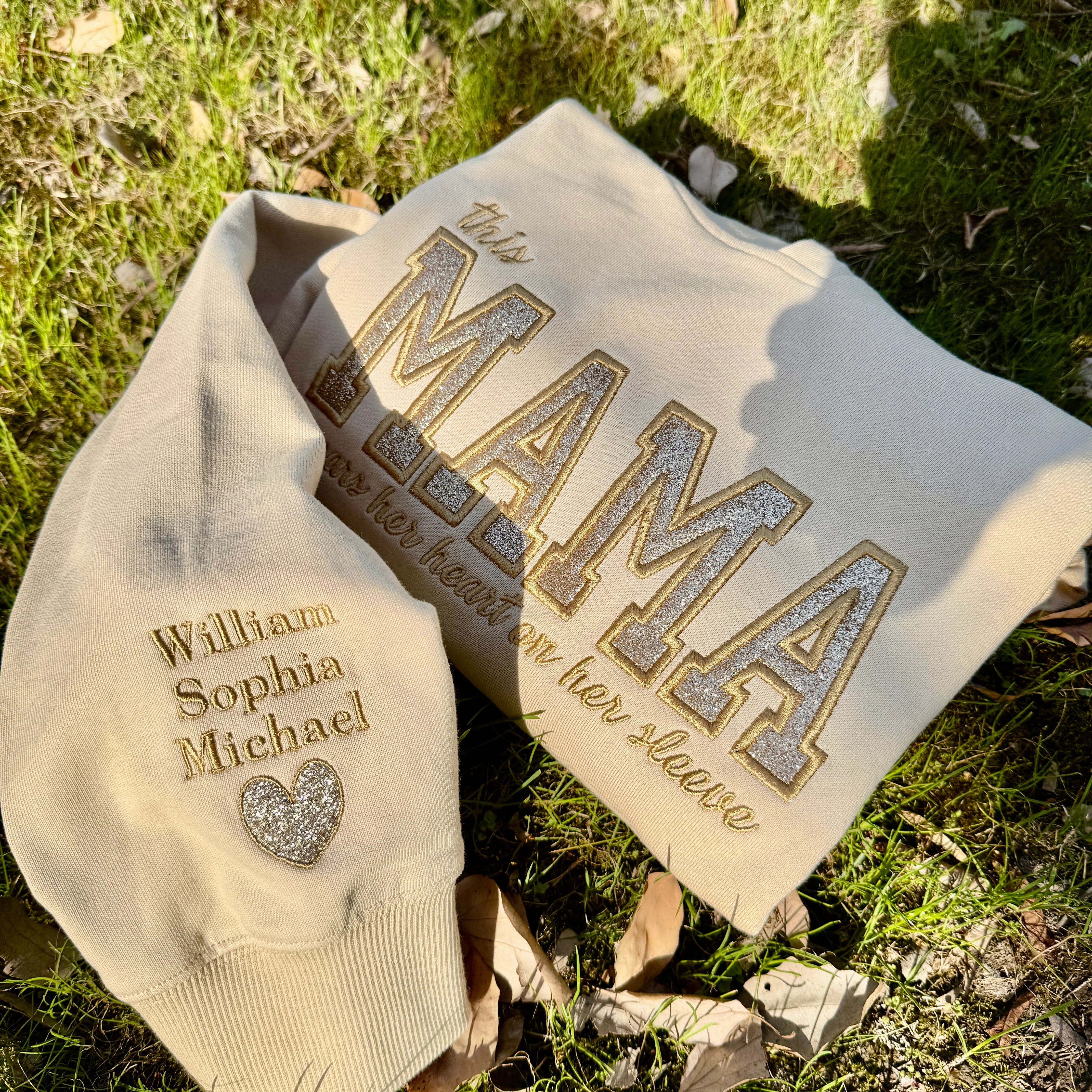 Mom Wears Her Heart on Her Sleeves Custom Embroidered T-Shirt Crew Neck Hooded Sweatshirt Gift for Mom