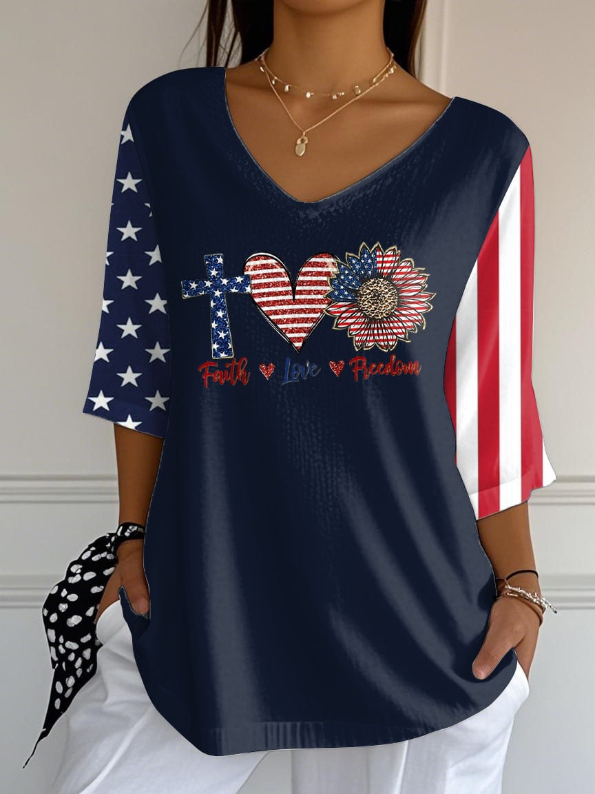 Women's Independence Day Faith Love Freedom Printed T-Shirt