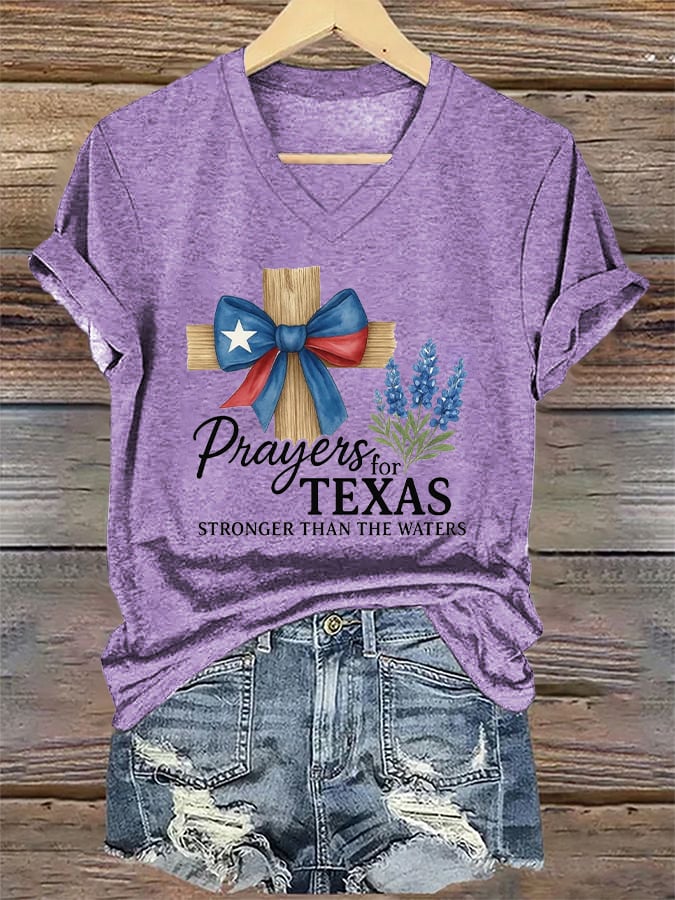 V-Neck Retro Texas Strong Prayers For Texas Stronger Than The Waters Print T-Shirt