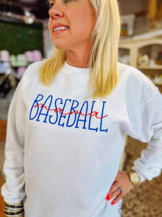 Baseball Mama Crewneck Sweatshirt with Trendy Side Bow Glitter Applique & Embroidered Sleeve, Baseball, Baseball mom, Baseball Momma, Boymom