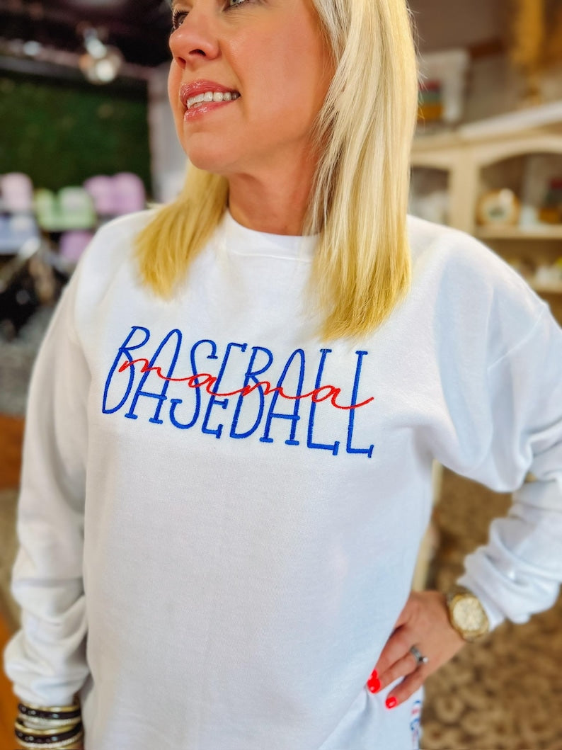 Baseball Mama Crewneck Sweatshirt with Trendy Side Bow Glitter Applique & Embroidered Sleeve, Baseball, Baseball mom, Baseball Momma, Boymom