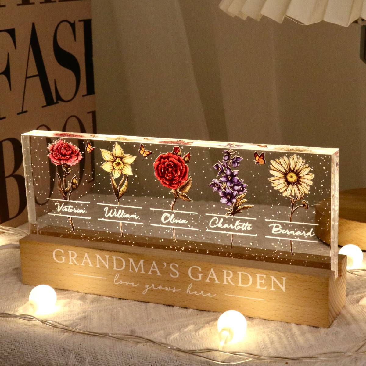Grandma's Garden Of Grandkids Birth Month Flowers Personalized LED Night Light, Heartfelt Gift For Grandma, Mum
