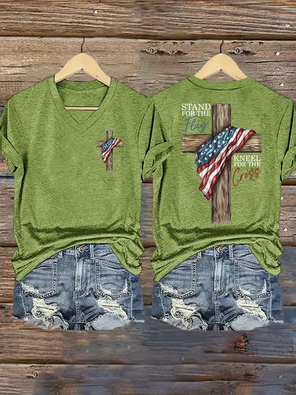 Women's Stand For The Flag Kneel For The Cross Printed Casual T-Shirt