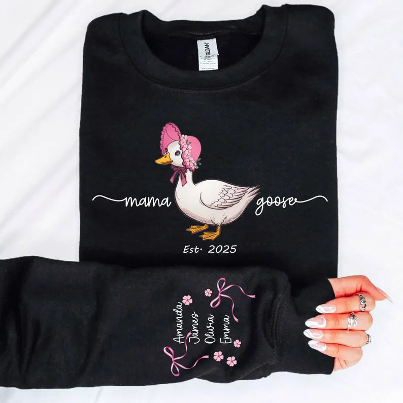 Custom Mama Goose Est 2025 Sweatshirt,Mama With Kid Name on Sleeve Sweater Mother's Day Sweater Cute Mama Goose Coquette Sweat Gift for Moms