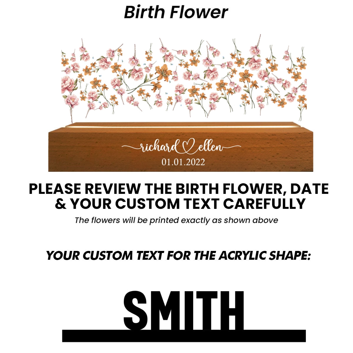 Mr & Mrs Family Name Wedding Anniversary Valentine's Day Gift for her & for him, Custom Flower Printed LED Night Light