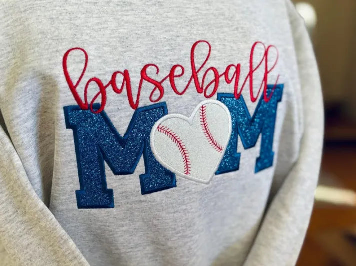 BASEBALL Mom Glitter Applique Sweatshirt || School Spirit Wear || Game Day || High School || College || Personalized || Embroidered