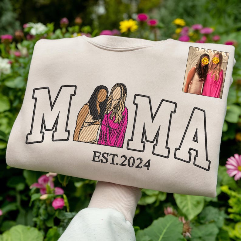 Mama Sweatshirt with Photo, Custom Embroidered Hoodie Mama and Kids Portrait, Varsity Shirt