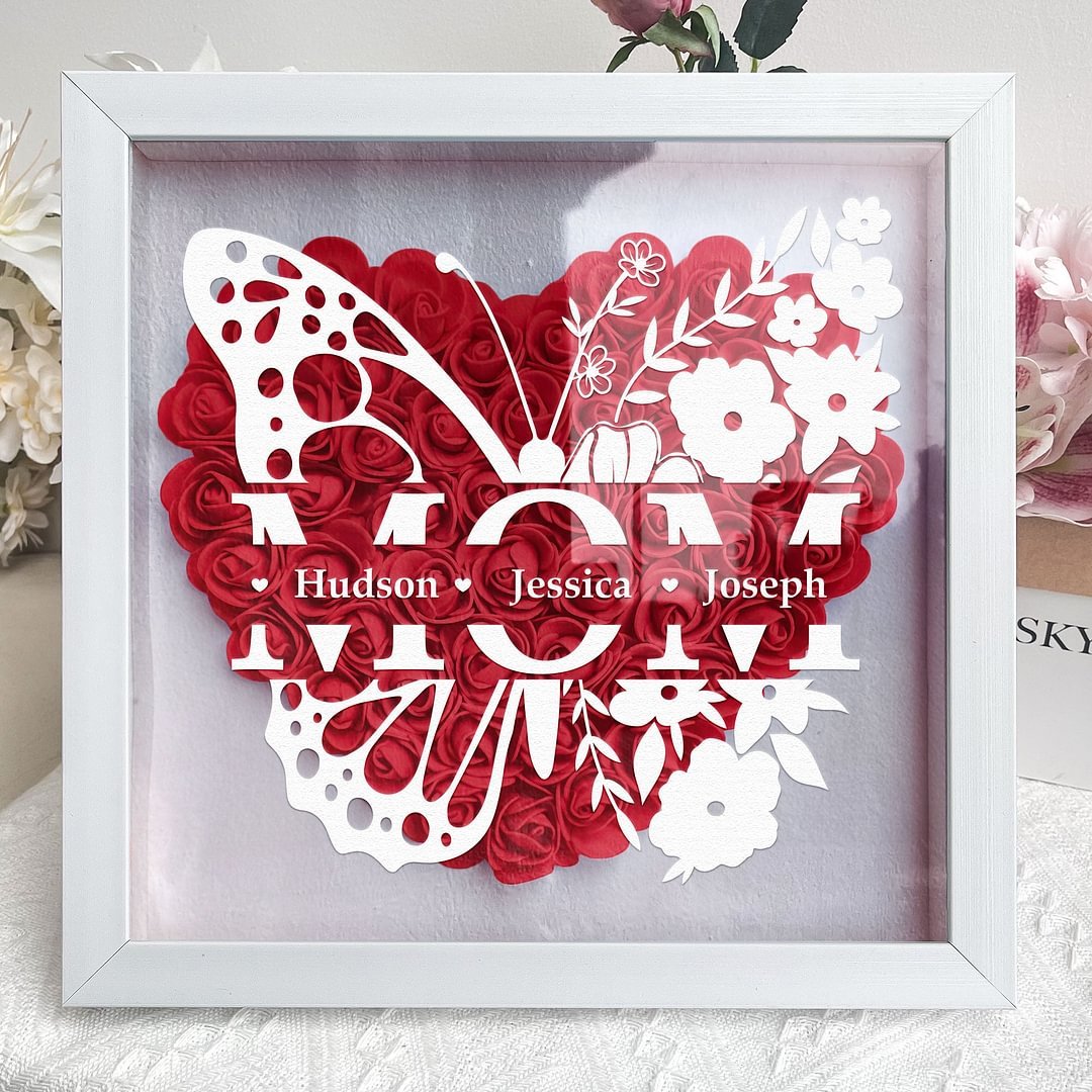 Personalized Butterfly Version Flower Shadow Box - Gift For Mom Custom Children Names