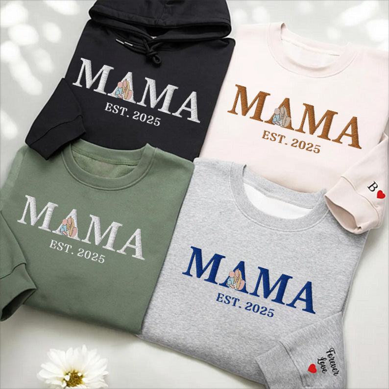 Custom Mama & Me Embroidered Sweatshirt – Personalized Family Portrait with Year & Sleeve Design for Mother’s Day