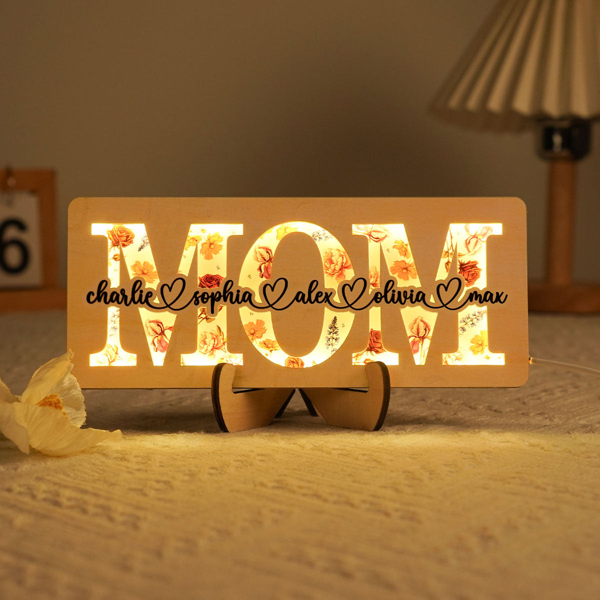 Personalized Mom Birth Month Flowers, Mother's Day Gift for Mom, Mom 2-Layer Wooden Plaque With LED