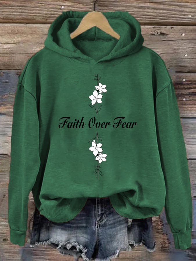 Women's Casual Faith Overcomes Fear Cross Hoodie