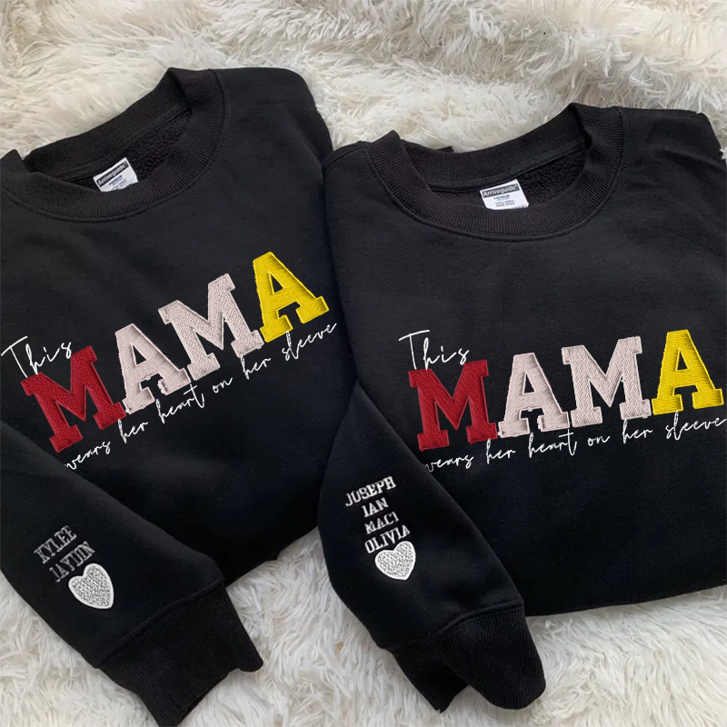 Mom Wears Her Heart on Her Sleeves Custom Embroidered Sweatshirt Gift for Mama