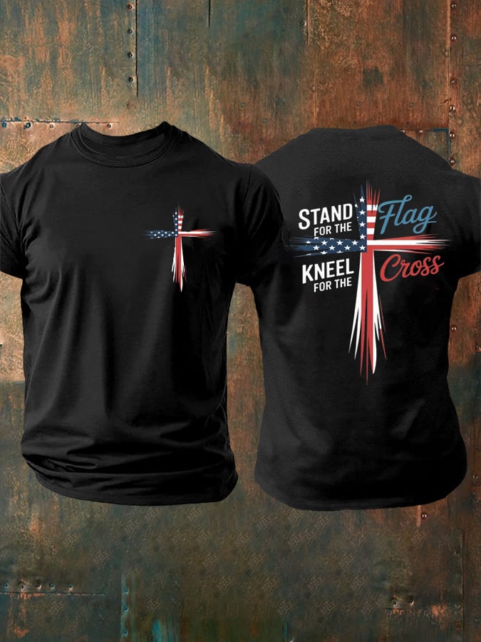 Men's Stand For The Flag Kneel For The Cross Printed Casual T-Shirt