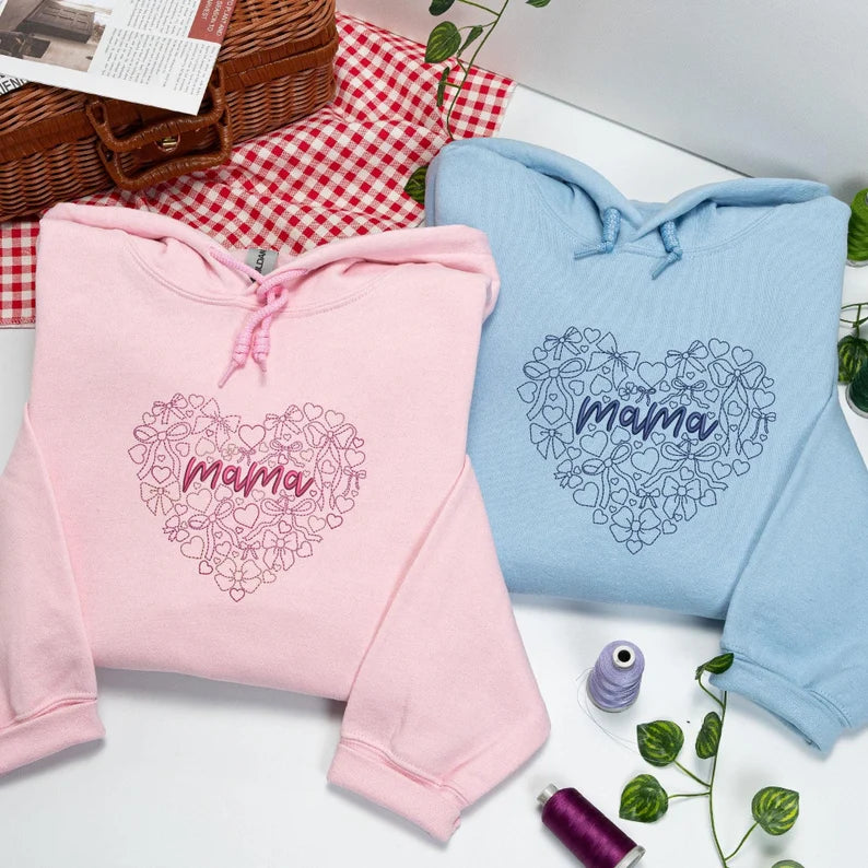 Custom Embroidered Mama Heart Valentines Sweatshirt For Wife | Mama Hoodie | Cute Love Shirt | Mom Gift