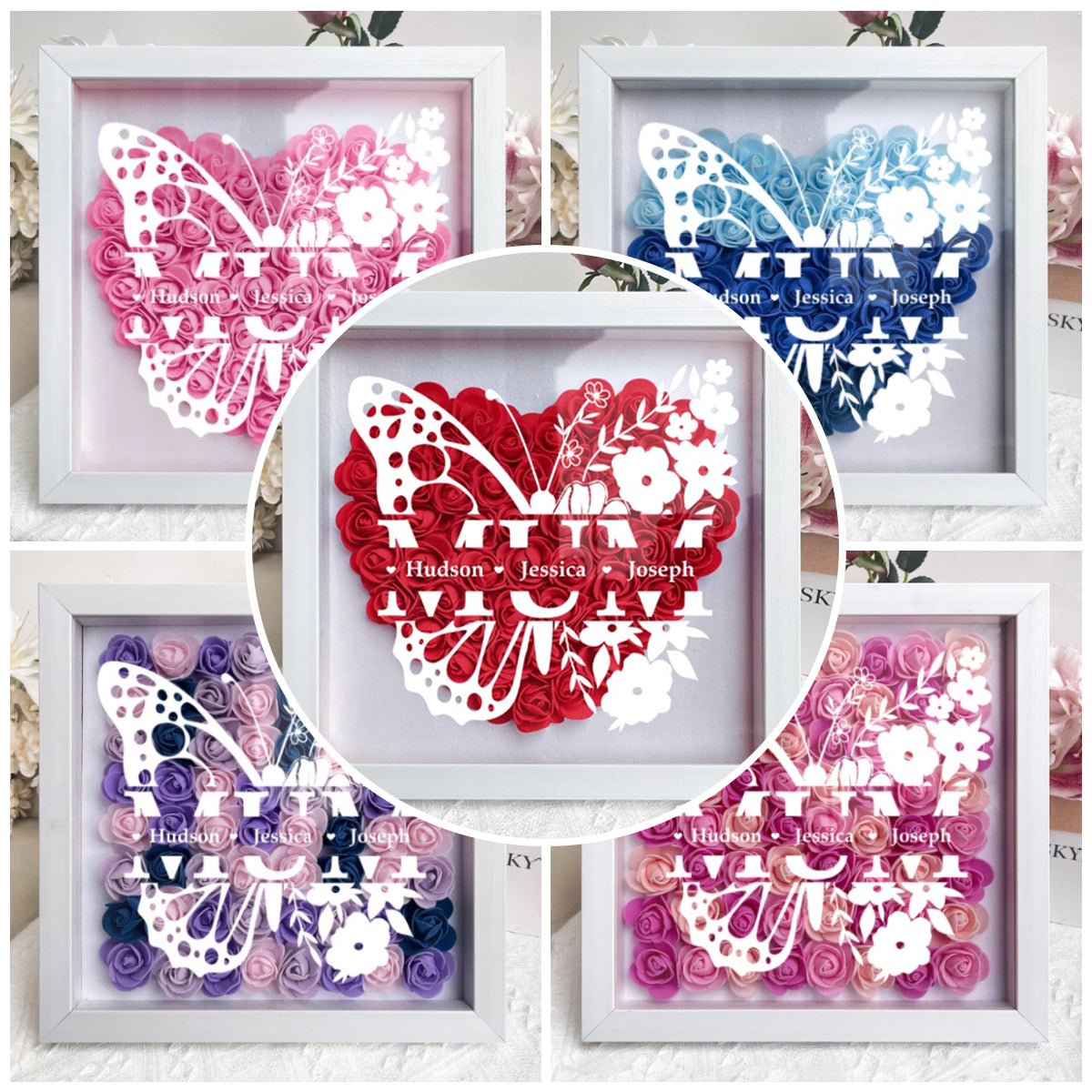 Personalized Butterfly Version Flower Shadow Box - Gift For Mom Custom Children Names
