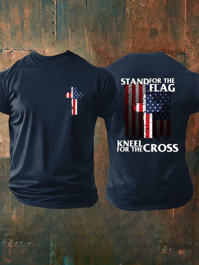 Men's Stand For Flag Kneel For The Cross Print T-Shirt