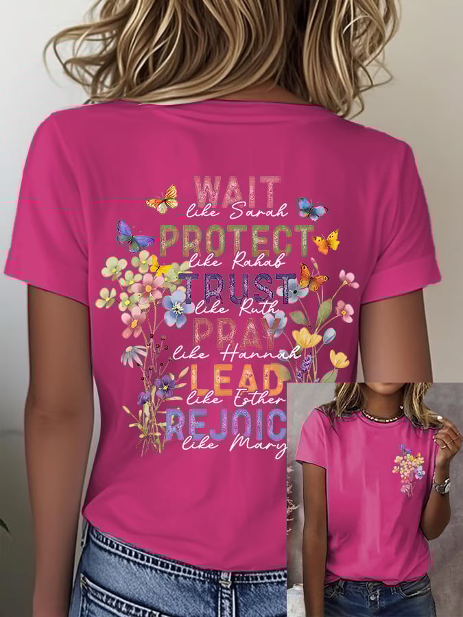 Women'S Casual Floral Faith Print Short Sleeve T-Shirt