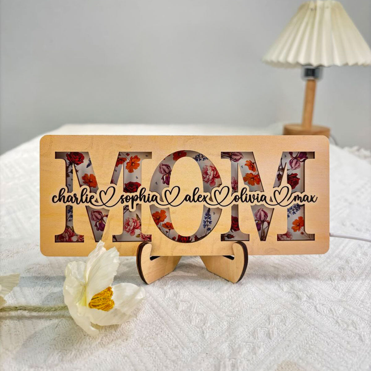 Personalized Mom Birth Month Flowers, Mother's Day Gift for Mom, Mom 2-Layer Wooden Plaque With LED