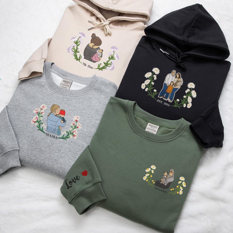 Mama Sweatshirt with Photo, Custom Embroidered Hoodie Mama and Kids Portrait