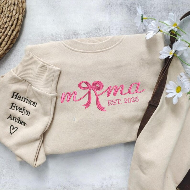 Mama Bow Embroidered Sweatshirt, Custom Embroidered Hoodie, Cool Mom Outfit, Trendy Mom Clothing