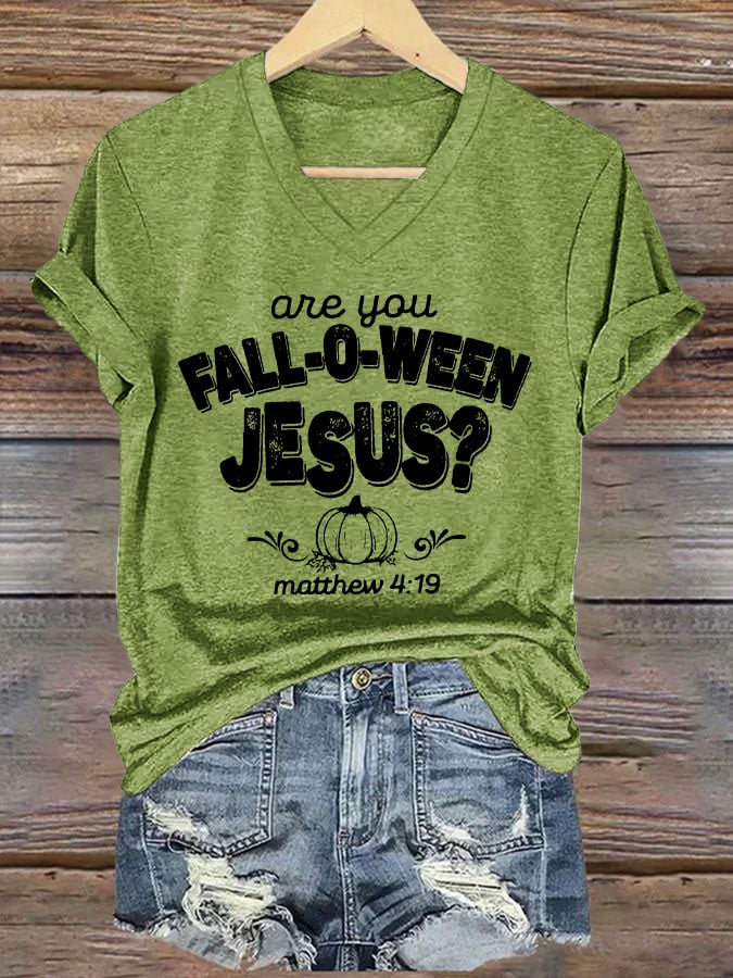 Women's Are You Fall-O-Ween Jesus Print V Neck T-shirt