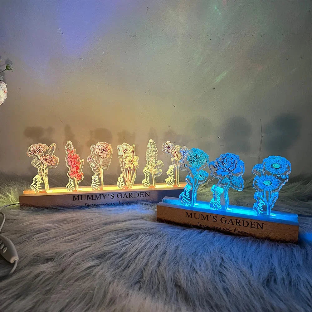 ✨Custom Birth Flower 3D Crystal Acrylic LED Light With Children's Names