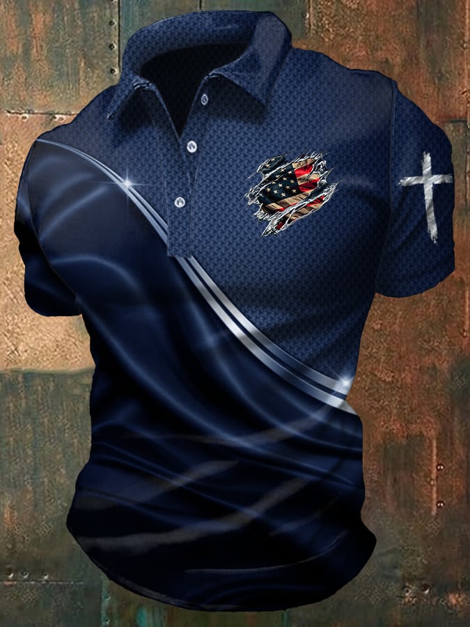 Men's Casual American Flag Cross Graphic Polo Shirt