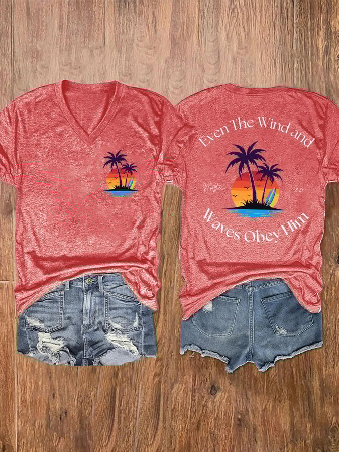 Women's Casual Western Christian Faith Bible Verse Double-Sided Printed V-Neck Short Sleeve T-Shirt