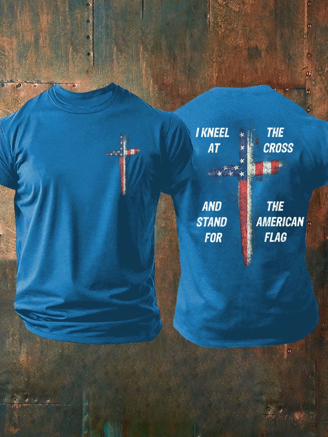 Men's Stand For The Flag Kneel For The Cross Printed Casual T-Shirt