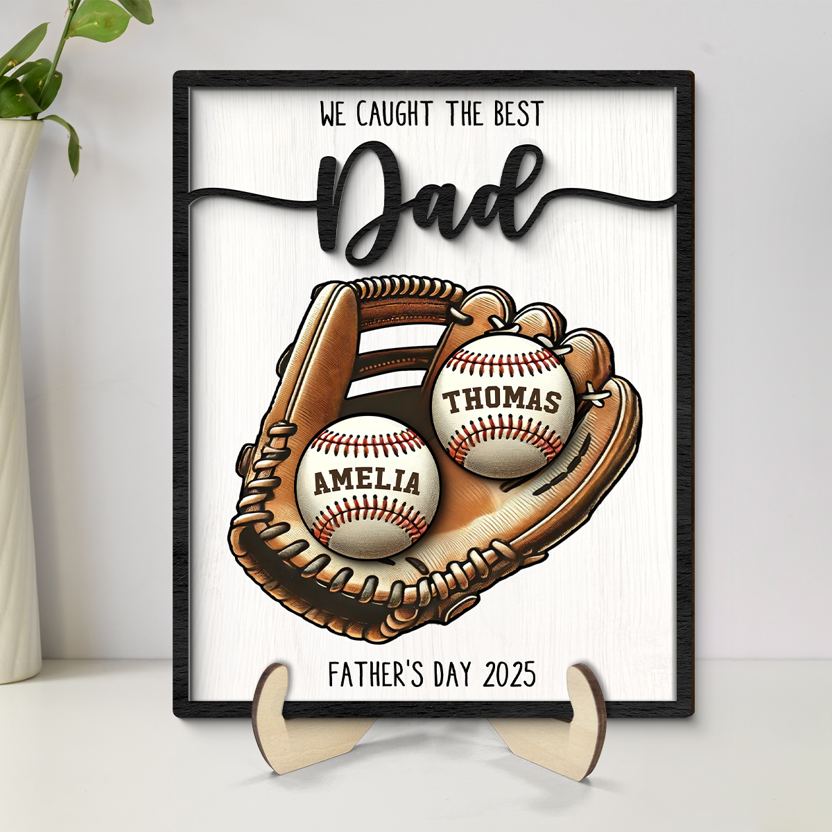 Personalized 2-Layered Wooden Plaque, Father’s Day Gift We Caught The Best Dad Baseball, Custom Kid's Name