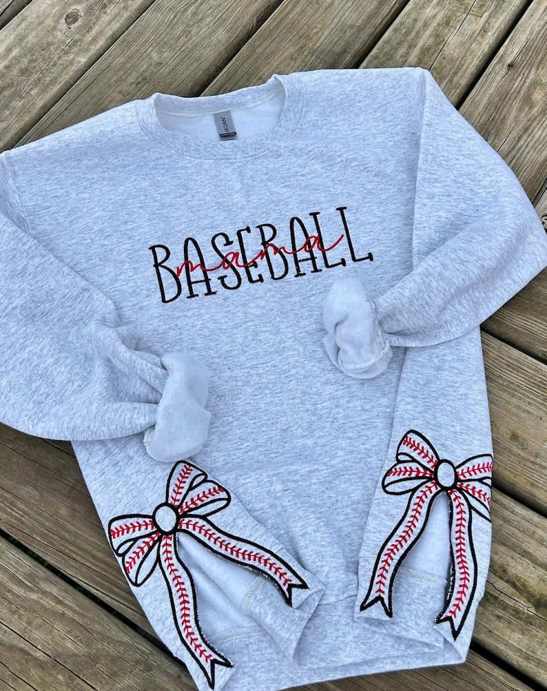 Baseball Mama Crewneck Sweatshirt with Trendy Side Bow Glitter Applique & Embroidered Sleeve, Baseball, Baseball mom, Baseball Momma, Boymom