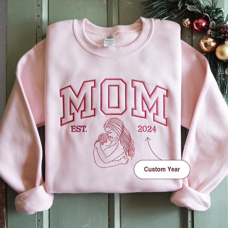 Custom MOM Embroidered Sweatshirt – Embroidered Crewneck, Est. Year, New Mom Gift, Personalized Mother's Day Sweater