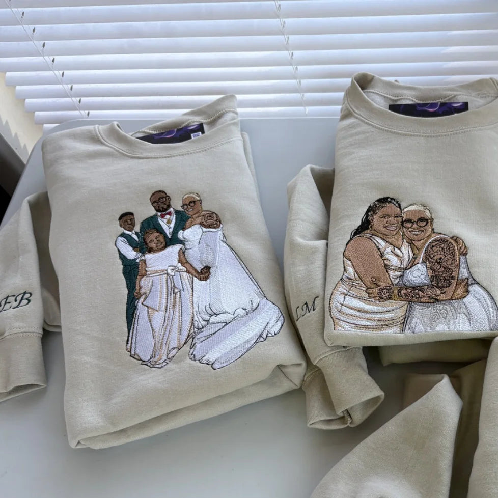 Loversdovey Custom Embroidered Hoodie Mama and Kids Portrait, Family Photo Sweatshirt