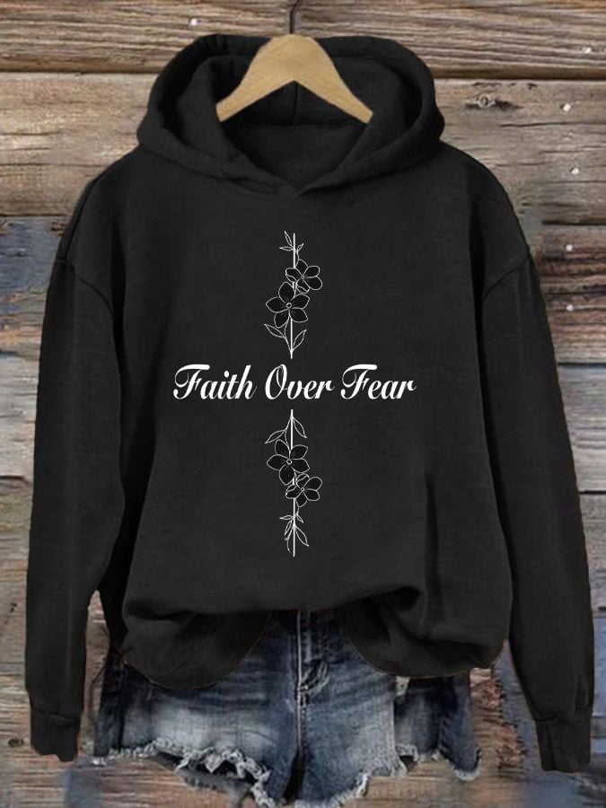 Women's Casual Faith Overcomes Fear Cross Hoodie